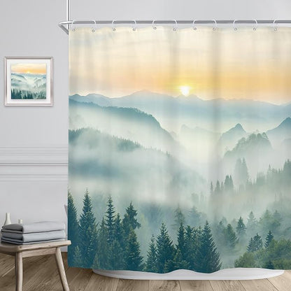 Riyidecor Extra Long Mountain Shower Curtain 72Wx84H Inch Green Yellow Sunrise Sunset Misty Scenery Landscape Nature Woodland Greenery View Bathroom Decor Fabric Polyester Waterproof 12 Pack Hooks