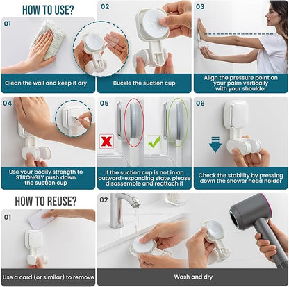 TAILI Shower Head Holder Suction, Handheld Shower Head Bracket, Height Angle Adjustable Wall Mounted, Bathroom Showerhead Holder Removable No Drilling Waterproof, Square Suction Cup, White