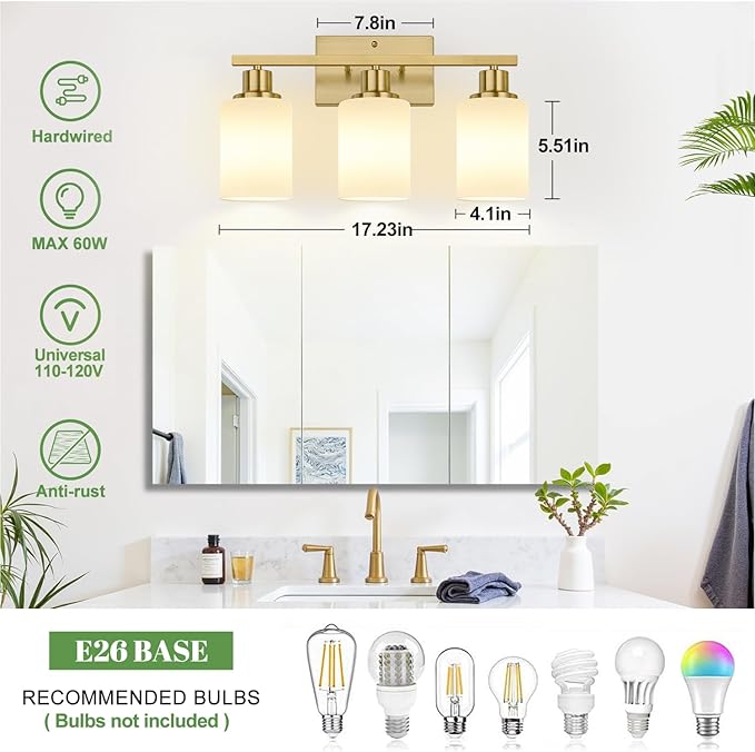 3-Light Bathroom Light Fixtures, Brushed Gold Vanity Light with Milky White Shades, Bathroom Lighting Fixtures Over Mirror, Modern Bathroom Wall Lamp for Mirror Living Room Cabinet Bedroom