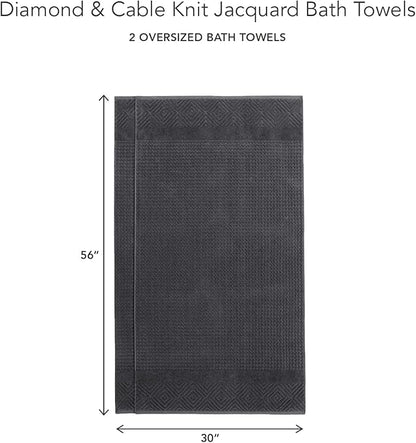 Texere 100% Organic Cotton Diamond Jacquard 700 GSM Luxury Bath Towel Sets - Ultra Soft and Absorbent Hotel and Spa Quality (Diamond, Black, 2 Bath Towels)