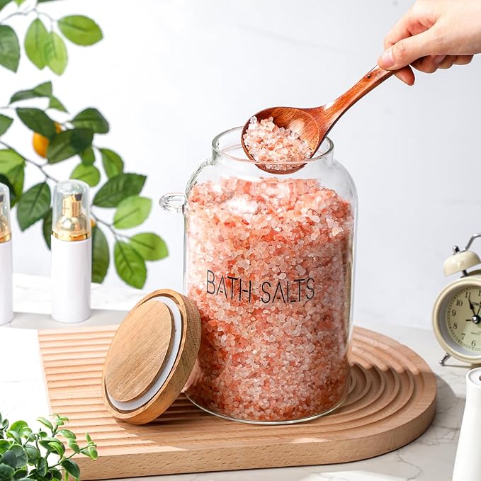 2 Pcs 94 oz Bath Salts Glass Jar with Wooden Lid, Bath Salt Container with Scoop, Airtight Storage Bathtub Accessories for Women