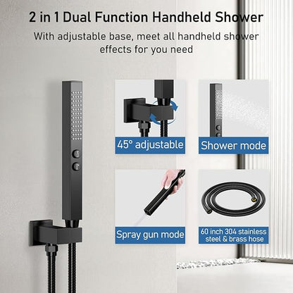 Thermostatic Shower System Matte Black, STARBATH Shower Faucets Sets 12+ 6" Wall Mount Rain Shower and 2 in 1 Handhled, Can Use All at Once, Push Button 3 Modes Valve and Trim Kit Complete Shower Set