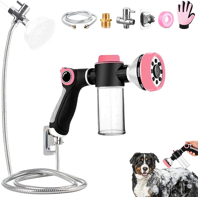 Dog Shower Attachment for Bathroom & Bathtub with 6.6FT Shower Hose, 8 Sprayer Modes Dog Washing Hose Attachment with Pet Grooming Glove Shower Diverter and Holder