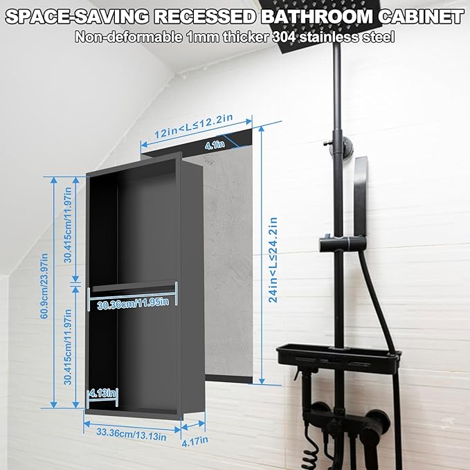 304 Stainless Steel Shower Niche Insert-24 x 12" No Tile Needed Bathroom Niche for Shower Wall-Double Shelves Built in Shower Shelf-Waterproof Recessed Cabinet for Bathroom Living Room Study Kitchen