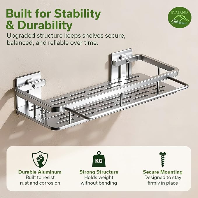 Shower Caddy Adhesive 2Pack with Hooks and Rod for Towels Silver-Premium Bathroom Shower Shelves Shampoo Organizer Rack Storage Bathtub Shelf Rustproof Easy Installation Sturdy Build Sleek Modern Look