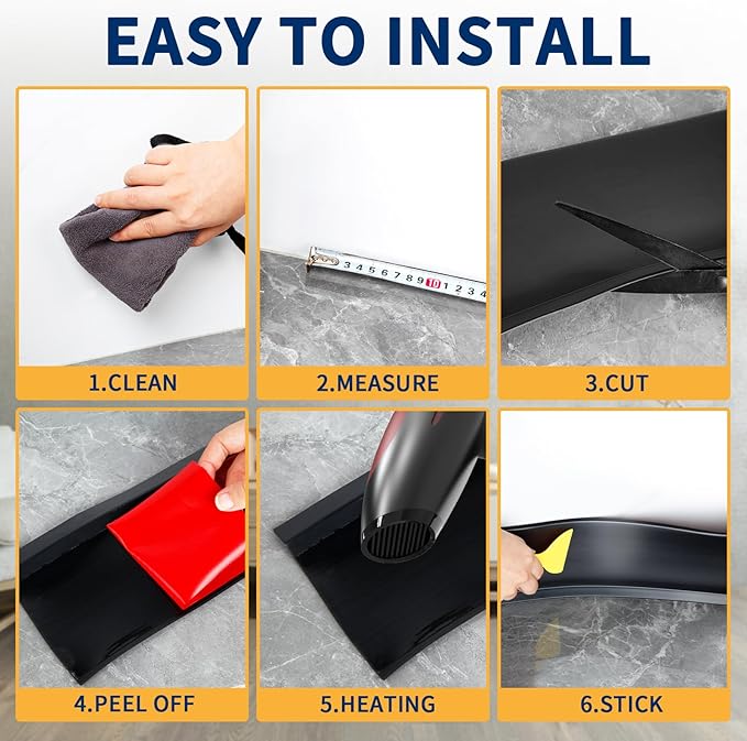 Flexible Baseboard Molding Trim 4 Inch Self-Adhesive Vinyl Wall Base Peel and Stick Cove Base Rubber Wall Baseboard Moulding Trim (200Ft, Black)