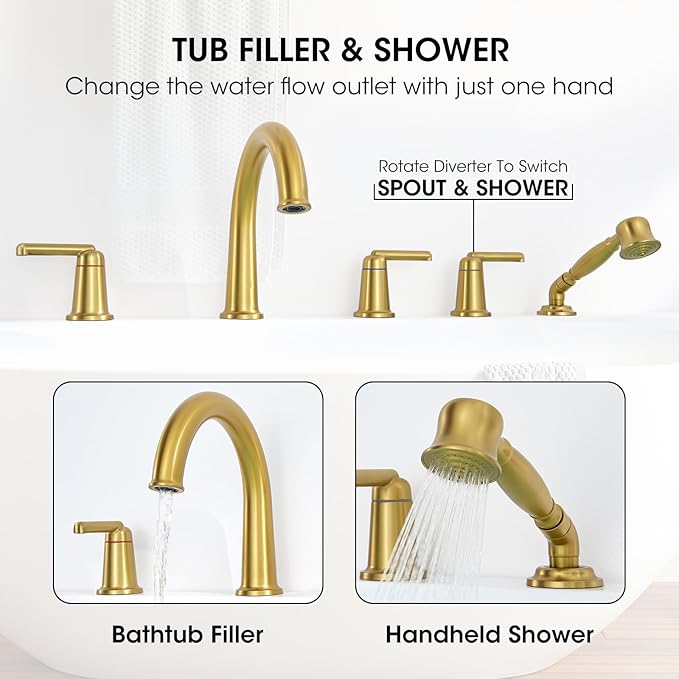 Roman Tub Faucet Set with Hand Shower, KRUZOO Bathtub Faucet Set Trim Kit with Rough-in Valve, Deck Mount Widespread 5 Hole Brass Tub Filler, KZ-9609BG, Brushed Gold