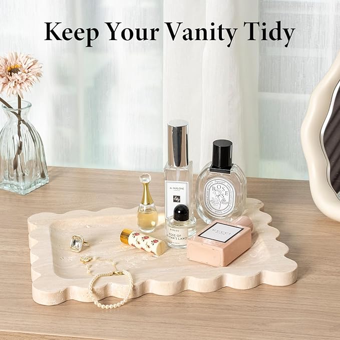 Koville Romano Travertine Vanity Tray, 11"x8" Natural Marble Decorative Scalloped Tray for Jewelry Cosmetics Perfume Trinket, Stone Organizer Tray for Countertop Bathroom Kitchen Dresser(Beige)