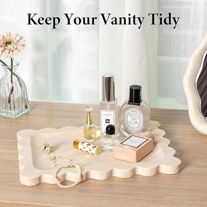 Koville Romano Travertine Vanity Tray, 11"x8" Natural Marble Decorative Scalloped Tray for Jewelry Cosmetics Perfume Trinket, Stone Organizer Tray for Countertop Bathroom Kitchen Dresser(Beige)