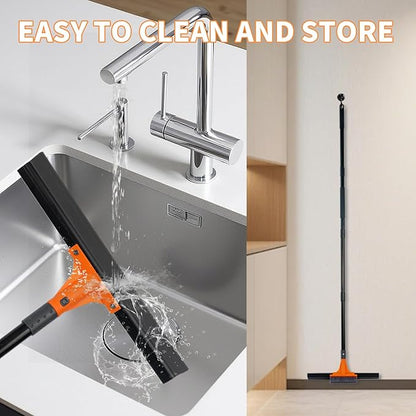 Rubber Floor Squeegee for Concrete Tile Floor, Large Water Squeegee Heavy Duty with Scrub Brush and Long Handle for Cleaning,Squeegee Broom for Window Garage Kitchen Bathroom Deck