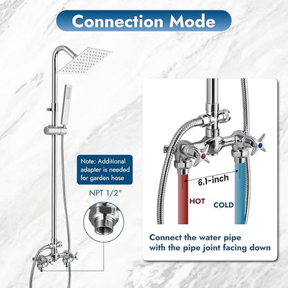 Wall Mount Outdoor Shower Kit Polish Chrome 6" Square Rainfall Shower Head with Hand Held Spray Double Cross Handles with Adjustable Slide Bar Exposed 2 Function Shower Faucet Fixture