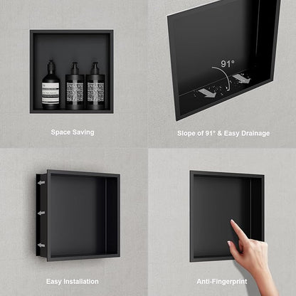 24x12 Shower Niche, No Tile Needed Insert, 304 Stainless Steel, Sloped Base, Matte Black in-Wall Shelf