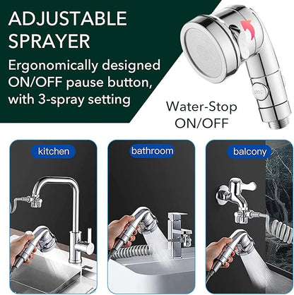Sink Faucet Sprayer Attachment Set, Kitchen Bathroom Pet Bathing Shower Head with 9.8ft Hose and G1/2, 55/64", 15/16" Faucet Adapters, Hair Washing, Dog Shower and More