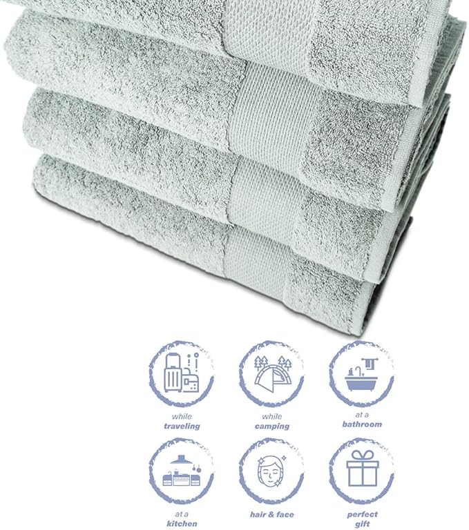 Hencely Premium Bath Towel Set of 4-28x58 Inches - High Absorbency, Quick Drying - 100% Soft Turkish Cotton Towels - Ideal for Home, Bathroom, Hotel, Spa, and Gym - Light Green