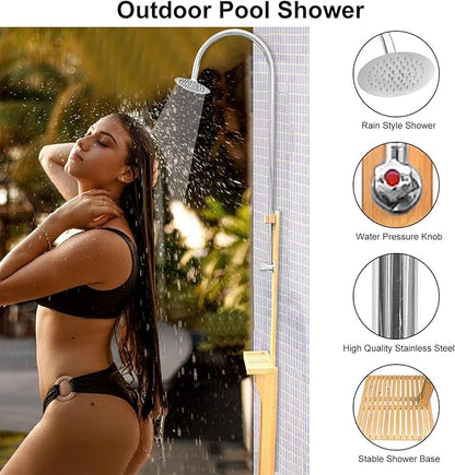 Outdoor Shower, Solid Wood Outdoor Shower and Steel Construction Height-Adjustable Shower Head, Connect Easily to Any Hose, Easy to Assemble Outdoor Shower Kit for Garden, Backyard, Pool