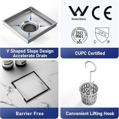 Square Shower Drain 6", Brushed Floor Drain with Tiled Insert Grate & Hair Strainer, 304 Stainless Steel Bathroom 2-in-1 Tiled in Drain, CUPC Certified (Brushed, 6'')