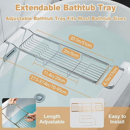 Stainless Steel Bathtub Caddy Tray, Expandable Bath Tub Table, Adjustable Bathroom Tray, Bath Organizer Tub Shelf,Silver,26.8~35.4in