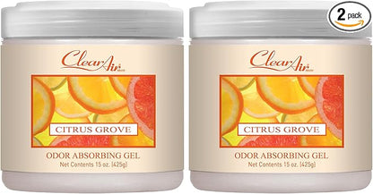 Clear Air Odor Absorber Gel - 15 oz, Pack of 2 - Air Freshener Absorbs and Eliminates Odors in Bathrooms, Cars, Boats, RVs and Pet Areas - Made with Essential Oils - Citrus Grove Scent