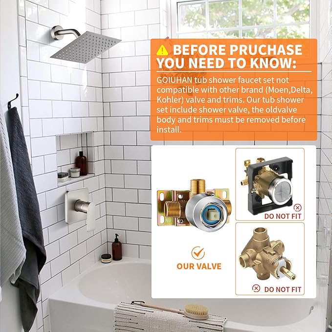 Brushed Nickel Shower Faucet Single Function Trim Kit with Rough-in Valve Set Bath Rainfall Shower System 8inch Square Stainless Steel Metal Shower Head