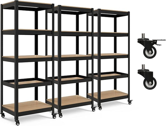 HOMEDANT House 5-Tier Metal Rolling Cart Shelf Rack Casters Heavy Duty Laminated Wheel Shelving Unit Adjustable Utility Storage Shelves Organizer Shelf Kitchen Garage (3, (S) 24.4" W, Black)