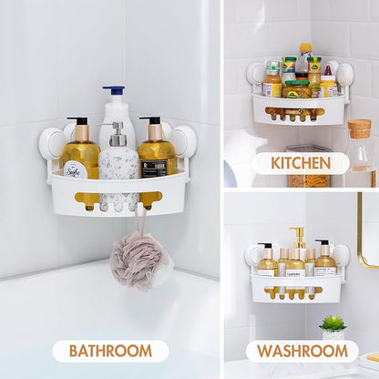 LEVERLOC Corner Shower Caddy Suction Cup, Shower Caddy Basket Powerful Suction Bathroom, Waterproof & Rustproof Organizer for Bathroom Storage, No-Drilling Removable (White)