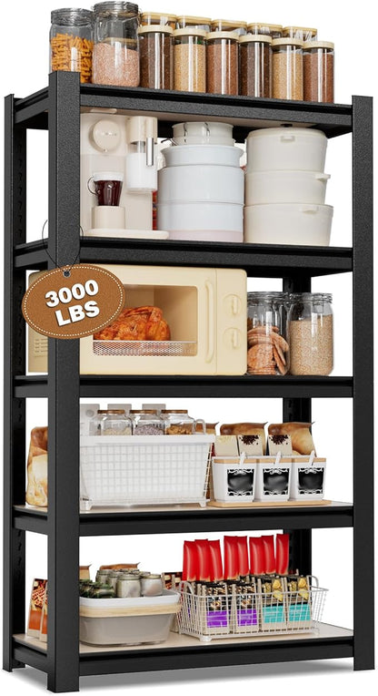 WORKPRO House 5-Tier Shelving Unit, 3000lbs Adjustable Storage Shelves, Boltless Book Shelf, Shelf Organizer for Kitchen, Living Room, Bathroom, Wood Grain Pattern, Waterproof Board, 24-1/10"W, Black