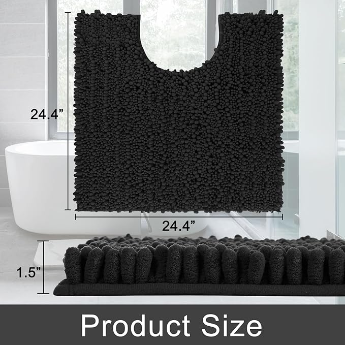 Yimobra Toilet Rug U Shaped Washable 24x24 Inch - Ultra Soft Absorbent Chenille Bath Rugs for Toilet, Quick Dry & Machine Washable, Non Slip Contour Bathroom Mat, Black