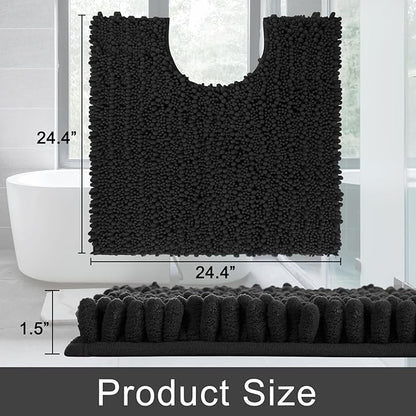 Yimobra Toilet Rug U Shaped Washable 24x24 Inch - Ultra Soft Absorbent Chenille Bath Rugs for Toilet, Quick Dry & Machine Washable, Non Slip Contour Bathroom Mat, Black