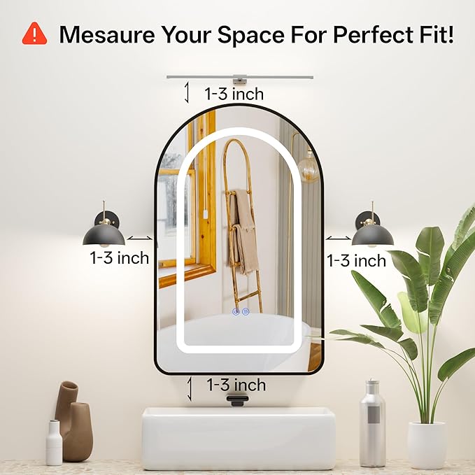 LED Arched Bathroom Medicine Cabinet with Mirror, No Assembly Needed, Recessed or Surface Mount Wall Storage Cabinet, Mirror Cabinet with Tissue Slot (Black-LED, 31.5" L x 19.7")