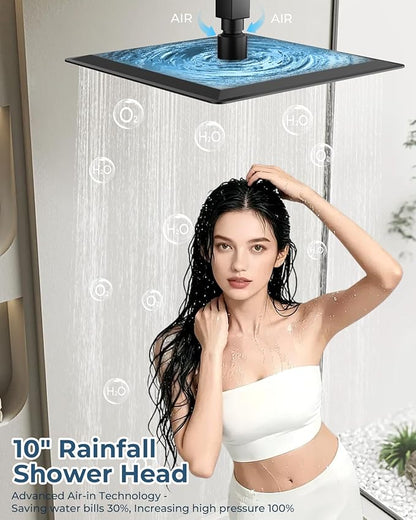Shower Faucet Set, Ceiling Mount Shower System 10-inch & 6-inch Filtered Black Shower Head and Handle Set, Dual Shower Heads with 3 in 1 Handheld Spray and Valve & Trim Kit