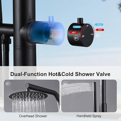 RBROHANT Freestanding Outdoor Shower Black, 316 Marine Grade Stainless Steel Beach Shower, Free Standing Hot and Cold Water Pool Shower with 10’’ Rain Shower Head and Wand, Matte Black, Floor Mounted