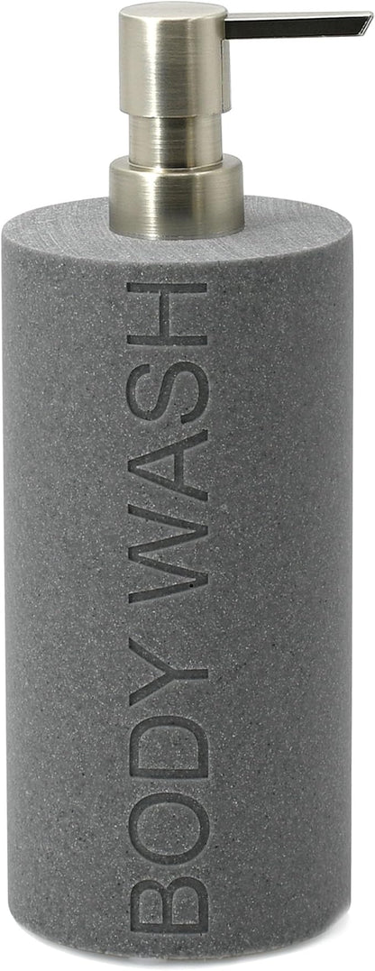 Resin Neutral Gray Sandstone Body Wash Engraved Bottle Refillable Pump Dispenser, Durable Waterproof Resin Construction for Bath, Shower - Gray Sandstone Satin Nickel Pump