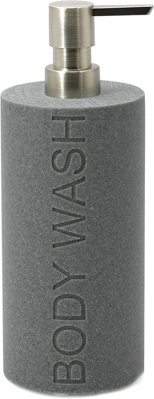 Resin Neutral Gray Sandstone Body Wash Engraved Bottle Refillable Pump Dispenser, Durable Waterproof Resin Construction for Bath, Shower - Gray Sandstone Satin Nickel Pump