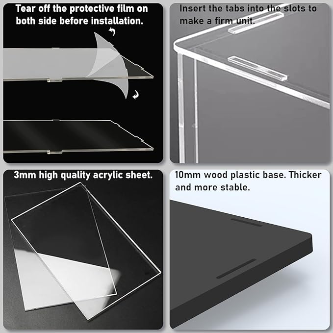 Choowin 4 Tier Clear Acrylic Display Case for Collectibles, Mini Figures, Pop Mart, Labubu, Sonny Angel, Smiski - Assemble Dustproof Acrylic Display Box with Door, Stand (Black Base, Clear Step)