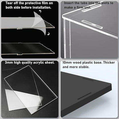 Choowin 4 Tier Clear Acrylic Display Case for Collectibles, Mini Figures, Pop Mart, Labubu, Sonny Angel, Smiski - Assemble Dustproof Acrylic Display Box with Door, Stand (Black Base, Clear Step)