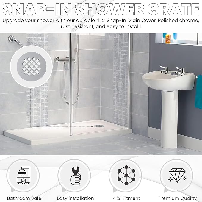 4 ¼” Chrome Snap-in Shower Drain Cover -Solid Brass Construction - 4.25" OD Premium Round Grate Strainer - Easy Install - Professional Grade and Durability - Polished Finish