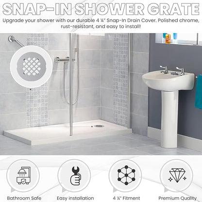 4 ¼” Chrome Snap-in Shower Drain Cover -Solid Brass Construction - 4.25" OD Premium Round Grate Strainer - Easy Install - Professional Grade and Durability - Polished Finish
