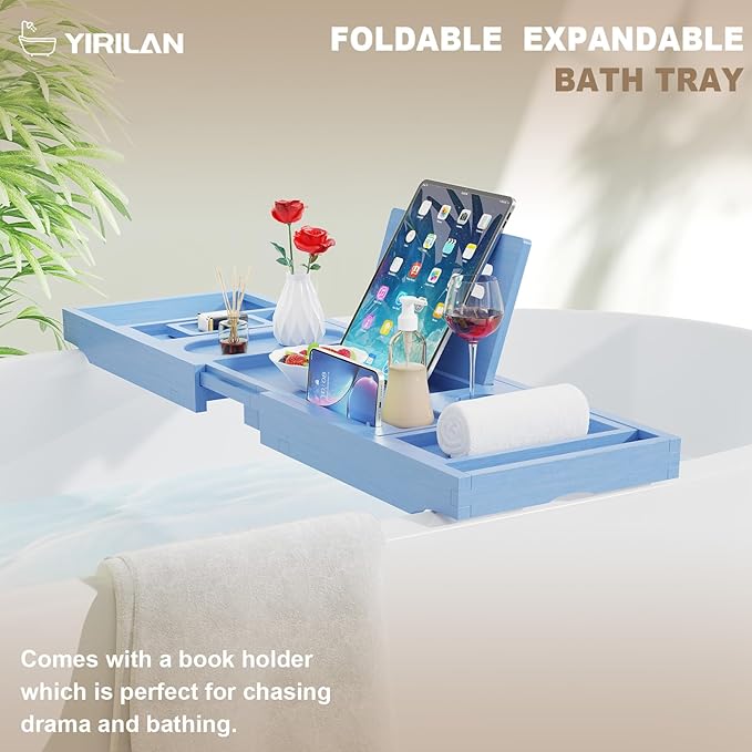 Yirilan Foldable Bamboo Bathtub Tray Caddy, Bathtub Tray, Blue