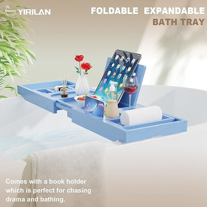 Yirilan Foldable Bamboo Bathtub Tray Caddy, Bathtub Tray, Blue