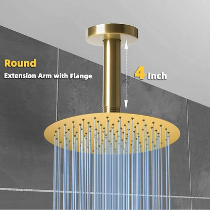 4 Inch Shower Arm with Flange, Ceiling Mounted Shower Head Extension Arm, 1/2 NPT Straight Arm for Rain Shower Head, Stainless Steel Shower Head Extension Replacement Pipe Arm, Brusheed Gold