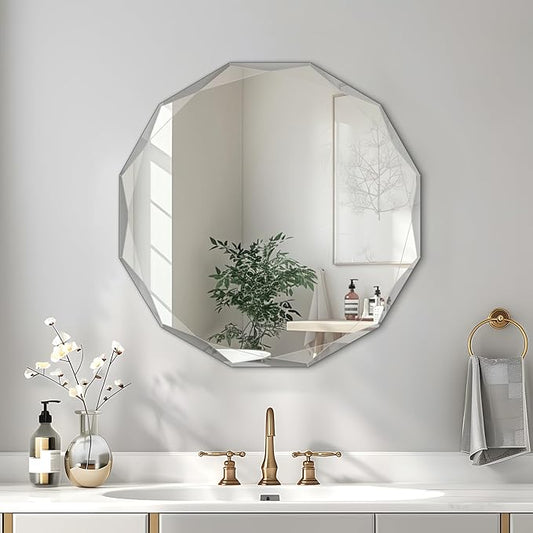 Bathroom Mirror for Wall, 20" x 20" Oval Bathroom Vanity Mirror, Beveled Edge Frameless Wall Mount Vanity Mirror, Wall Decorative Irregular Beveled Edge