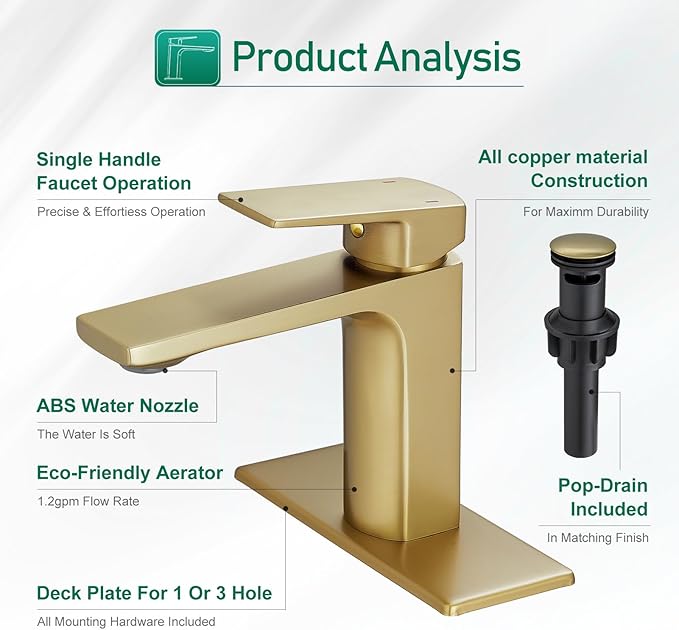 VOTON Brushed Gold Bathroom Sink Faucet Single Handle with Pop-up Drain Faucets for Sink 1 Hole or 3 Hole with Deck Plate Rv Lavatory Vanity Faucet