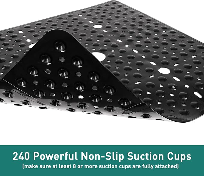 Large Black Square Shower Mat Non Slip 27 x 27 Inch, Shower Bath Mats Tub Mat for Inside Shower Bathroom Floor, Shower Stall Mats with Big Suction Cups Drain Holes, Easy Washable, BPA-Free