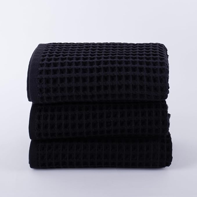 PÜSKÜL Organic Waffle Hand & Kitchen Towel 100% Turkish Cotton Set of 3 Black - Premium Quality, Soft, Quick-Dry, Absorbent, Lint-Free Waffle Weave Towels (3, Black)