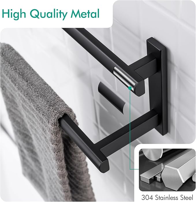 BAGNOLUX Double Towel Bar, SUS304 Towel Racks for Bathroom Wall Mounted 2-Tiers Ladder Towel Rails, Space Saving Bathroom Towel Holder Shelves Rack, Long Towel Hanger (16"-Square-Matte Black)