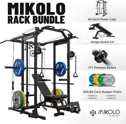 Mikolo Power Cage, Power Rack with Cable Crossover System, 1500LBS Squat Rack with LAT Pull Down System, Workout Cage with Pulley System for Fitness Home Gym