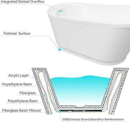 FerdY Langkawi 59" Acrylic Freestanding Bathtub, White Modern Stand Alone Soaking Bathtub, cUPC Certified, Polished White Drain and Minimalist Linear Design Overflow Included, Easy to Install, 02568T