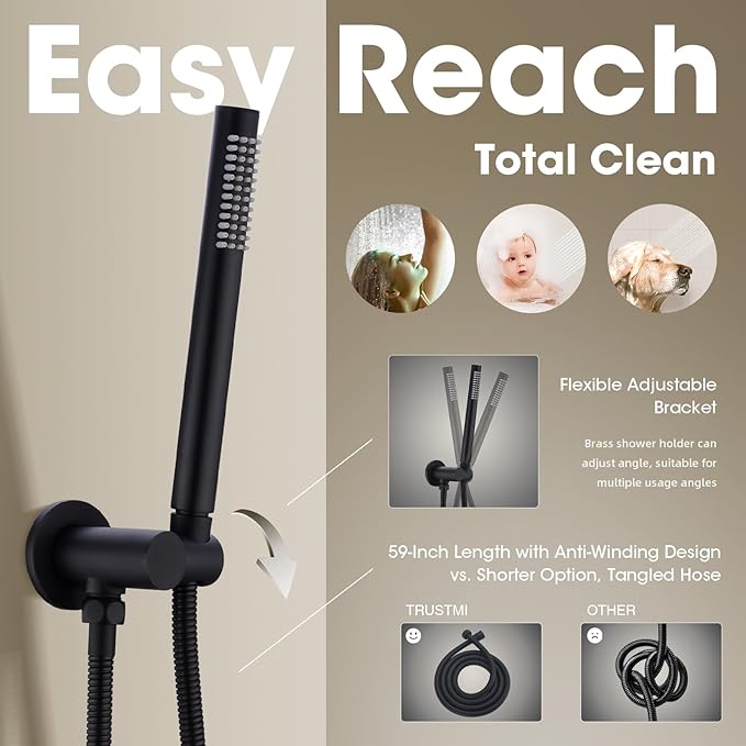 TRUSTMI Matte Black Shower System Wall Mounted Pressure Balance 10-Inch Rainfall Shower Set with Brass Rough-In Diverter Valve and Trim Kit