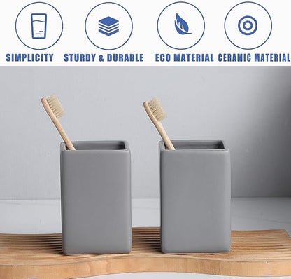 Grey Square Toothbrush Holders for Bathrooms - 2 Cups Ceramic Toothbrush Toothpaste Holders Set, White Square Bathroom Tumbler Cups Reusable Toothbrush Mouthwash Cup, Bathroom Counter Organizer.