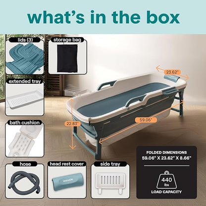 SereneLife 59" Portable Bathtub for Adults – Large Foldable Freestanding Bath Tub for Hot Spa, collapsible for Cold Plunge Ice Bath, Indoor/Outdoor, Pet & Family Use, Complete Set